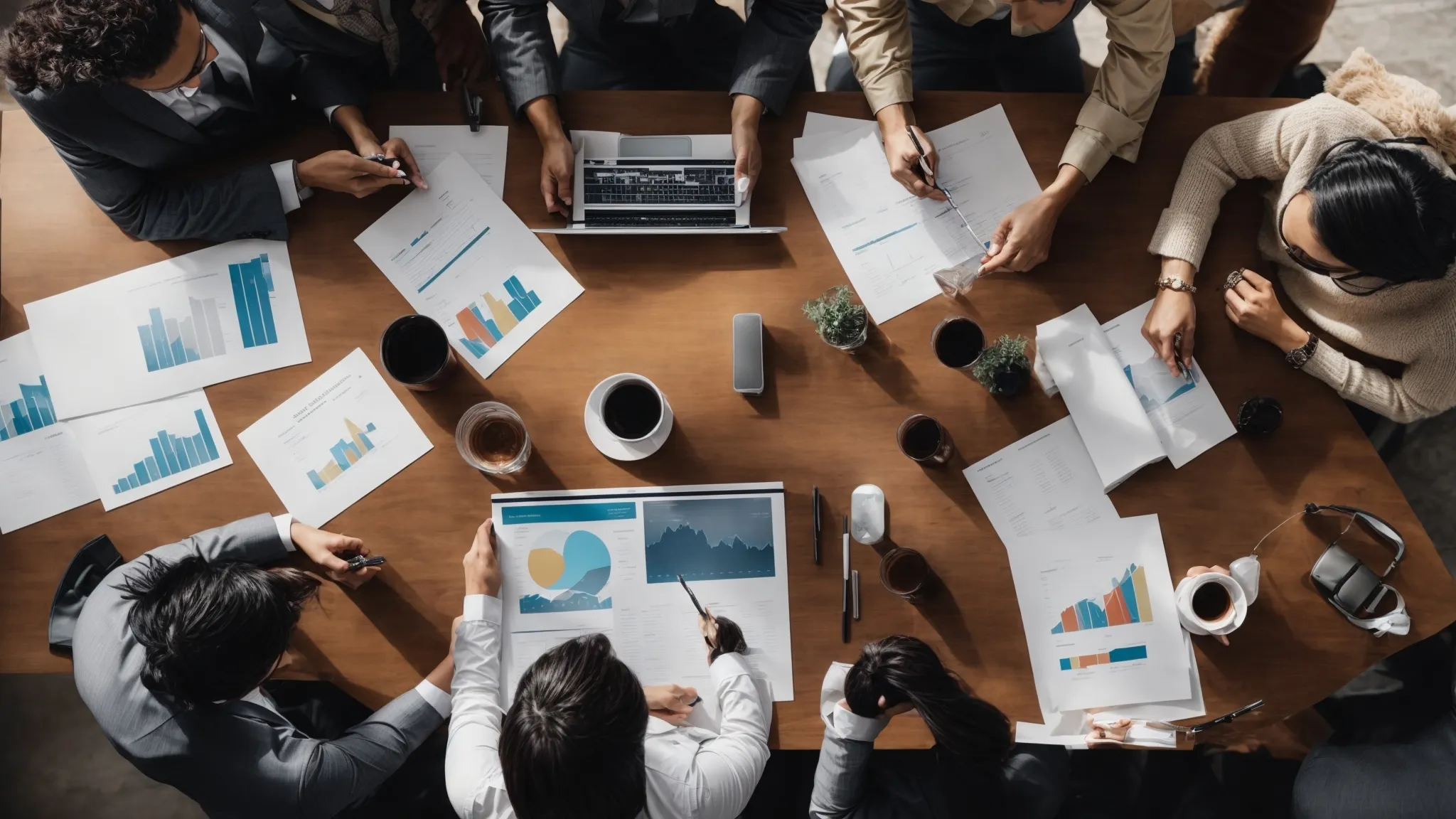 a strategic meeting with industry professionals gathered around a table, discussing charts and growth metrics.