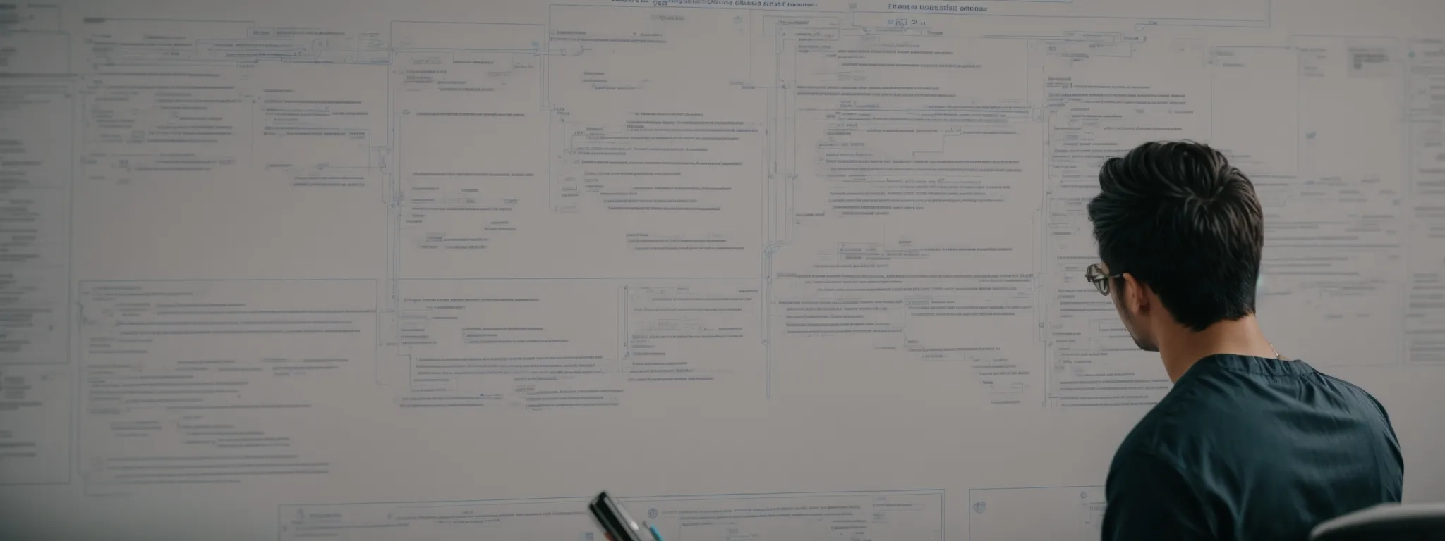 A person with dark hair and glasses looks at a large whiteboard covered with complex diagrams and notes.
