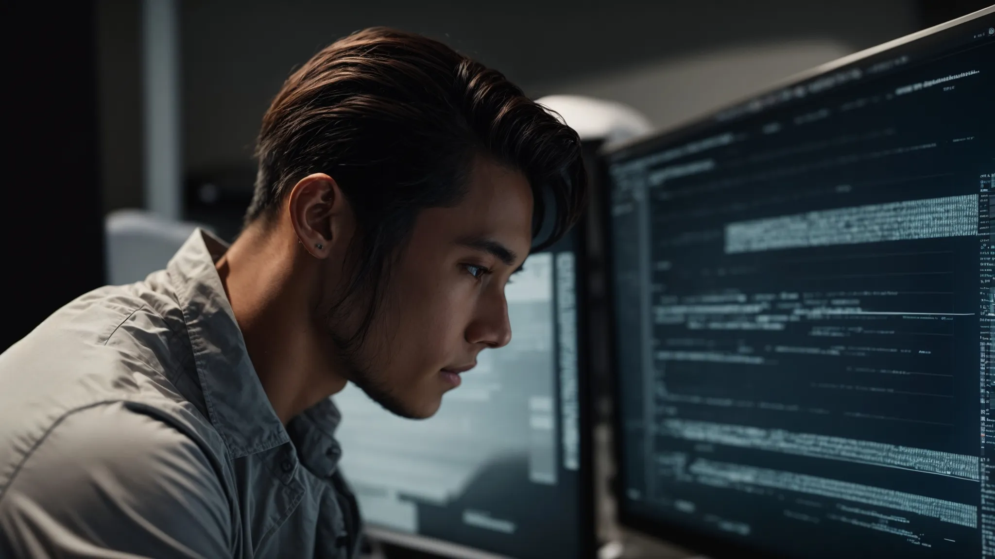 a web developer intently looks at a computer screen displaying a clean, modern website interface while adjusting code in an editor.