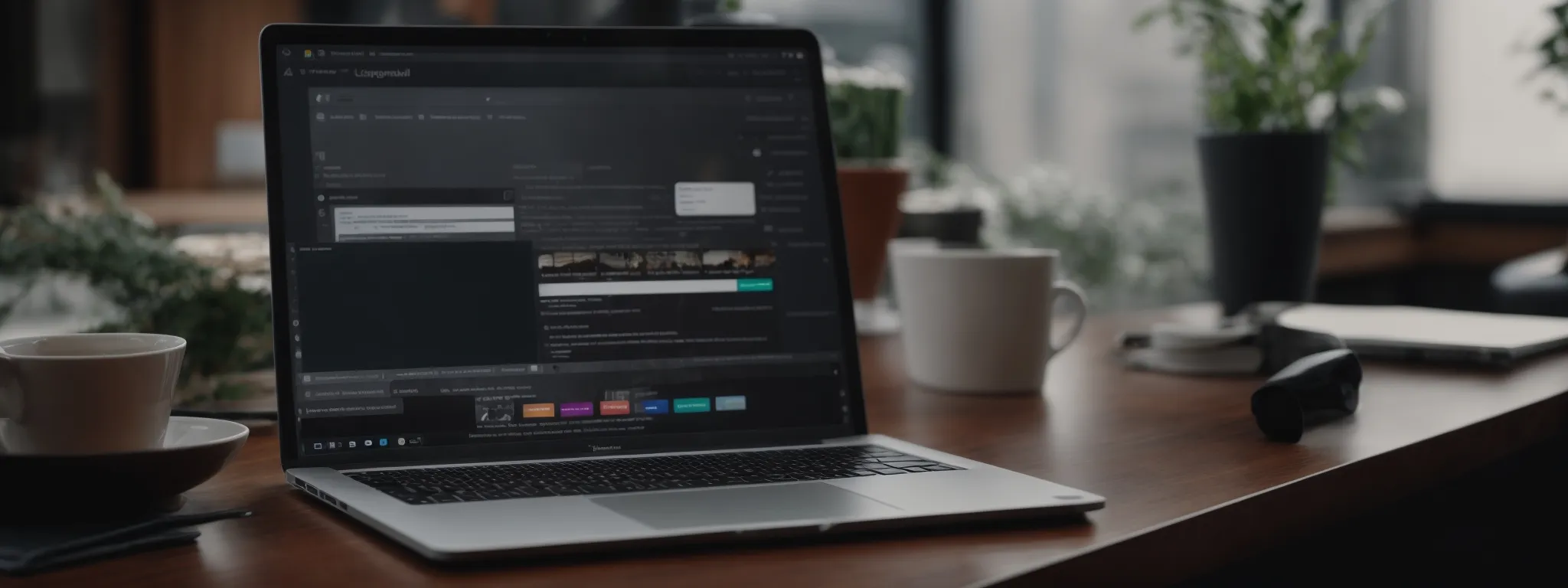 a laptop with an open email interface on the screen, set against the backdrop of a marketing strategy brainstorming session.