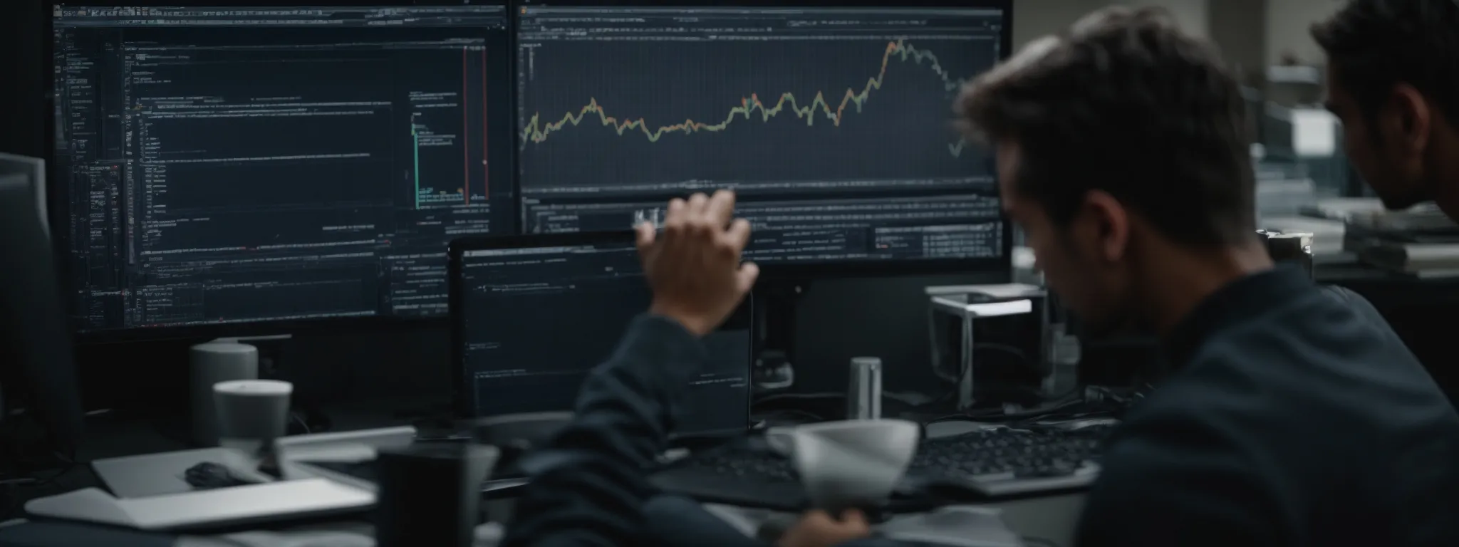 a web developer analyzes data charts on a computer screen to optimize a web story's seo.
