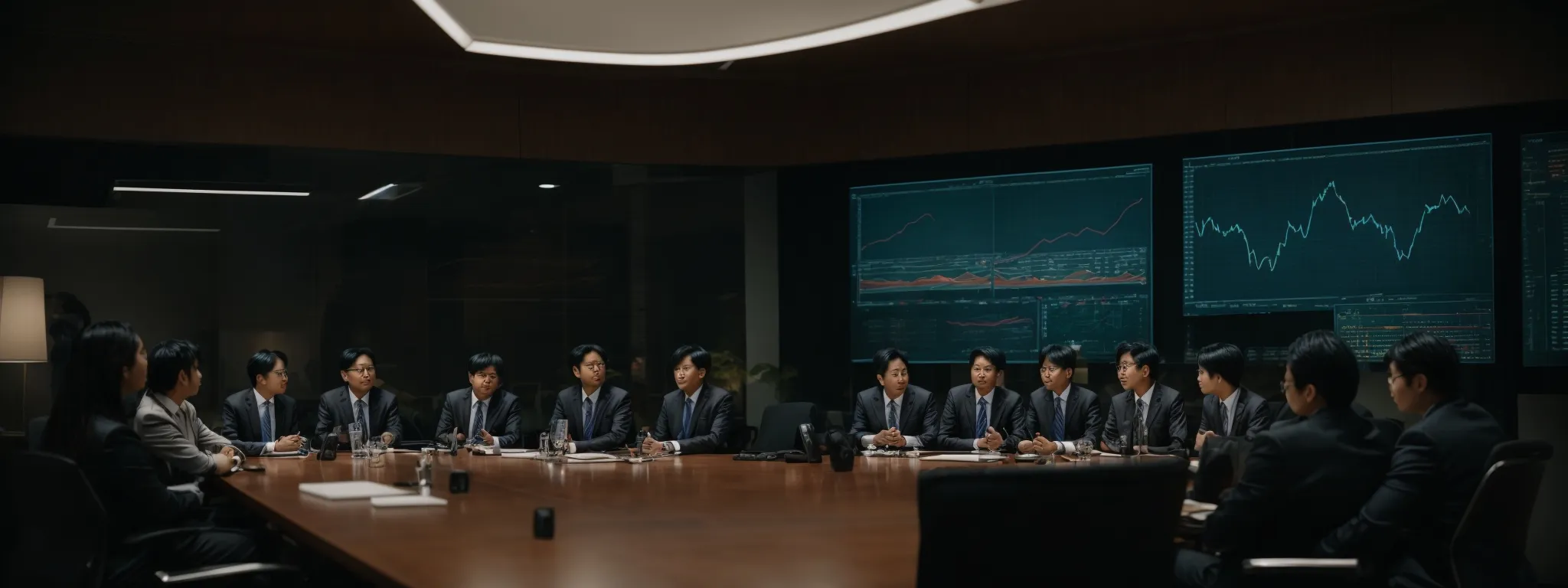 a team gathered around a conference table, reviewing data analytics on a large screen.