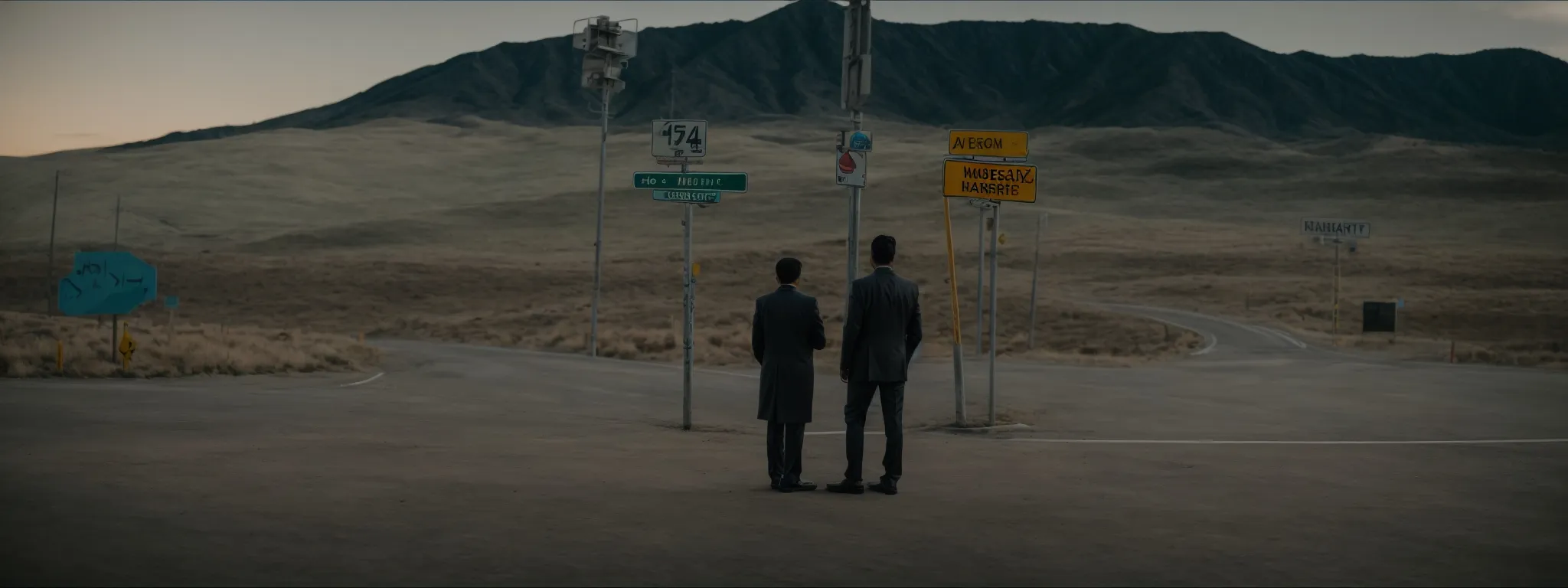 two individuals stand at a crossroad marked by signs pointing in opposite directions, one labeled 