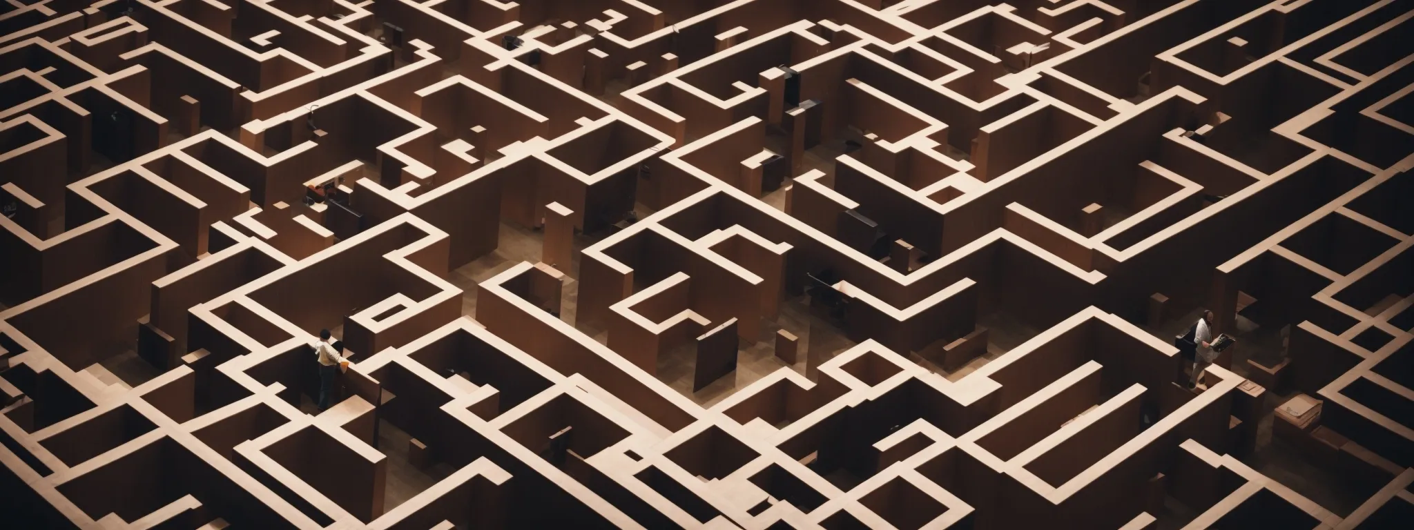 an individual navigating a maze-like library symbolizing the complex search for keyword cannibalization solutions.