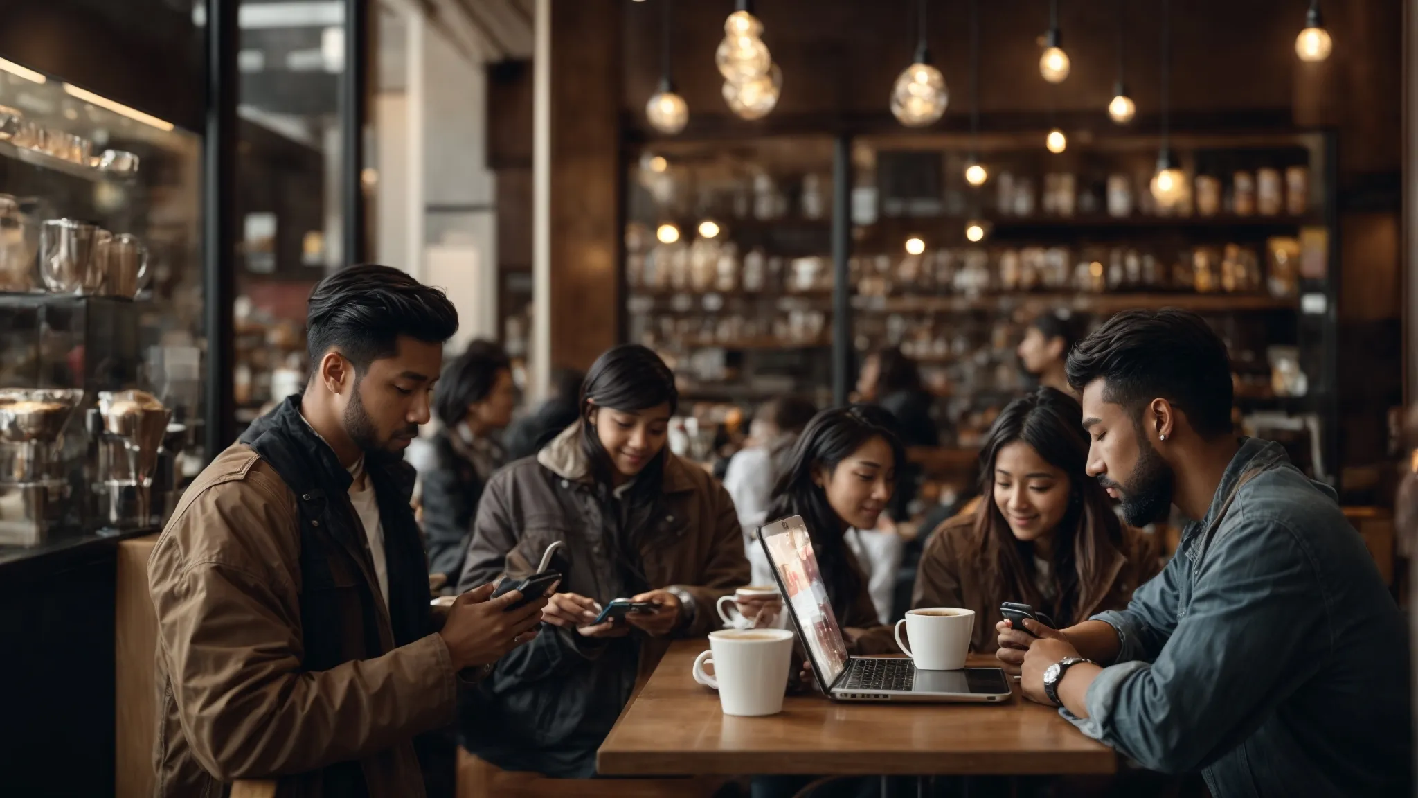 a bustling coffee shop scene with patrons using smartphones and laptops, interacting with the cafe's social media page displayed on their screens.