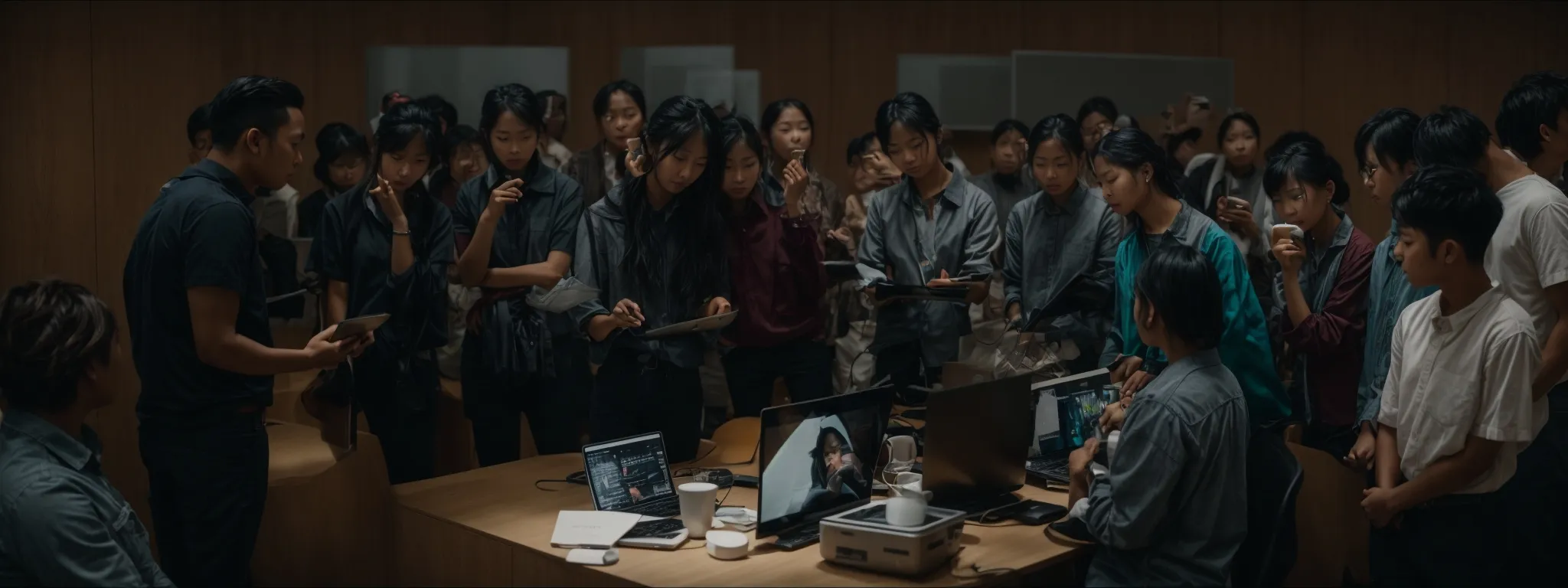 a group of people gathered around a large computer screen, actively engaging in a workshop about digital literacy.