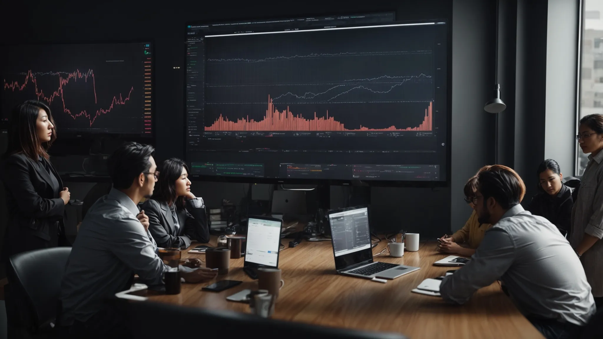 a team of marketers gathered around a large computer monitor displaying graphs and web traffic analytics as they brainstorm a new seo strategy.