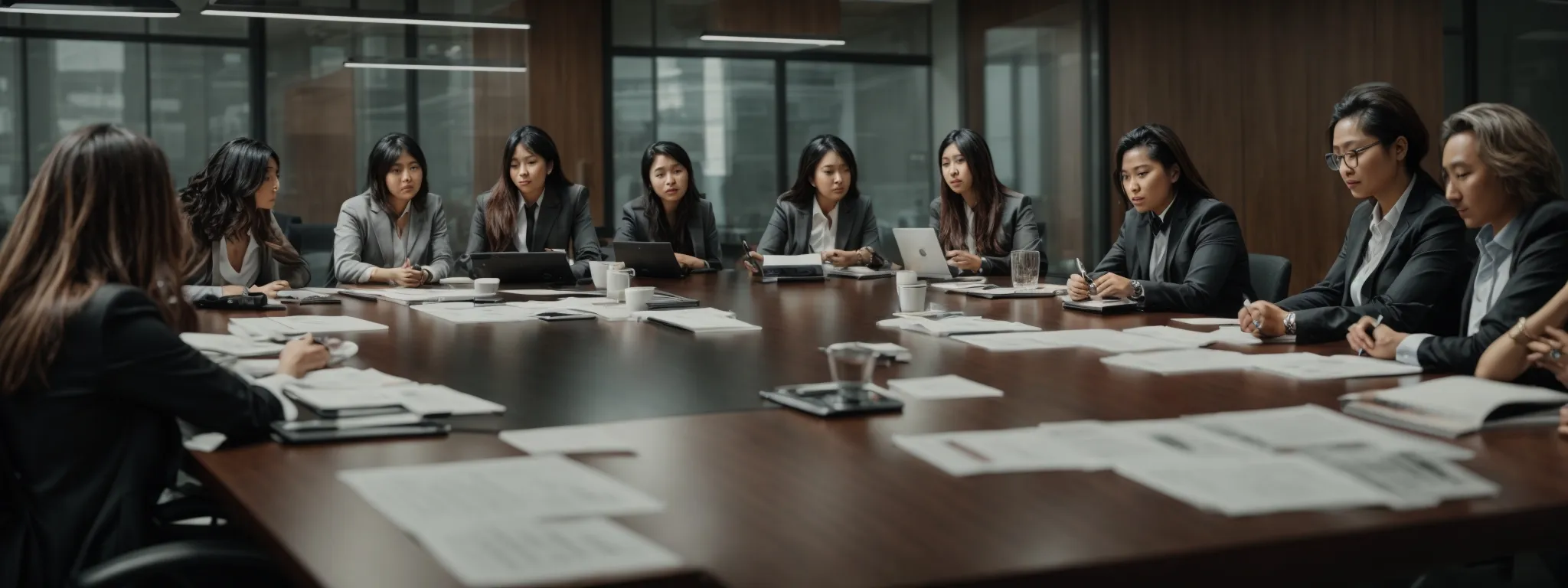 a group of focused individuals intensely deliberates around a conference table, sifting through a myriad of digital marketing submissions.