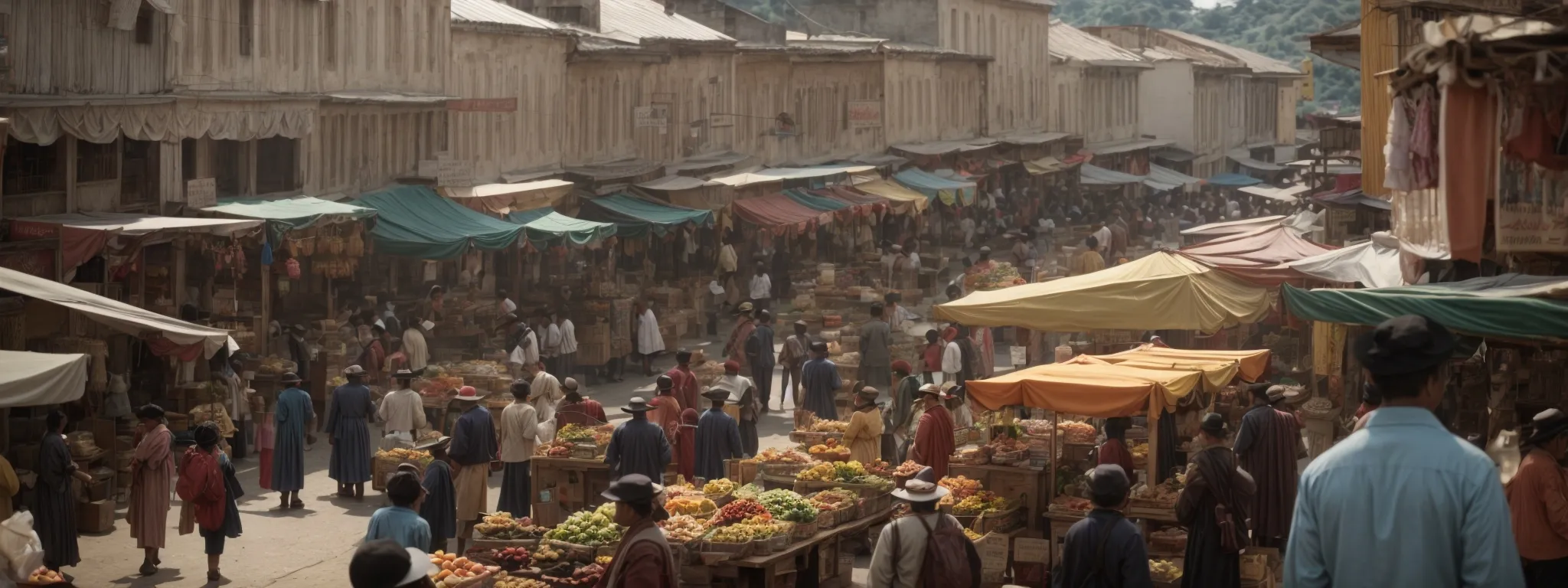 a bustling small-town marketplace with vibrant stalls and enthusiastic shoppers engaging with local products.