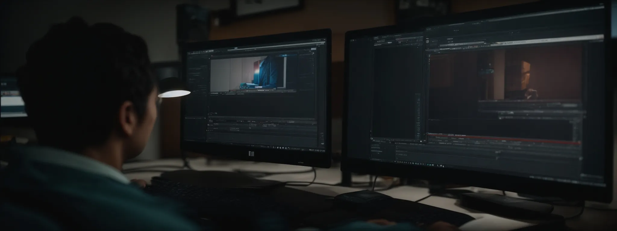 a person sits at a computer, editing a video with a visible transcription document on the screen.