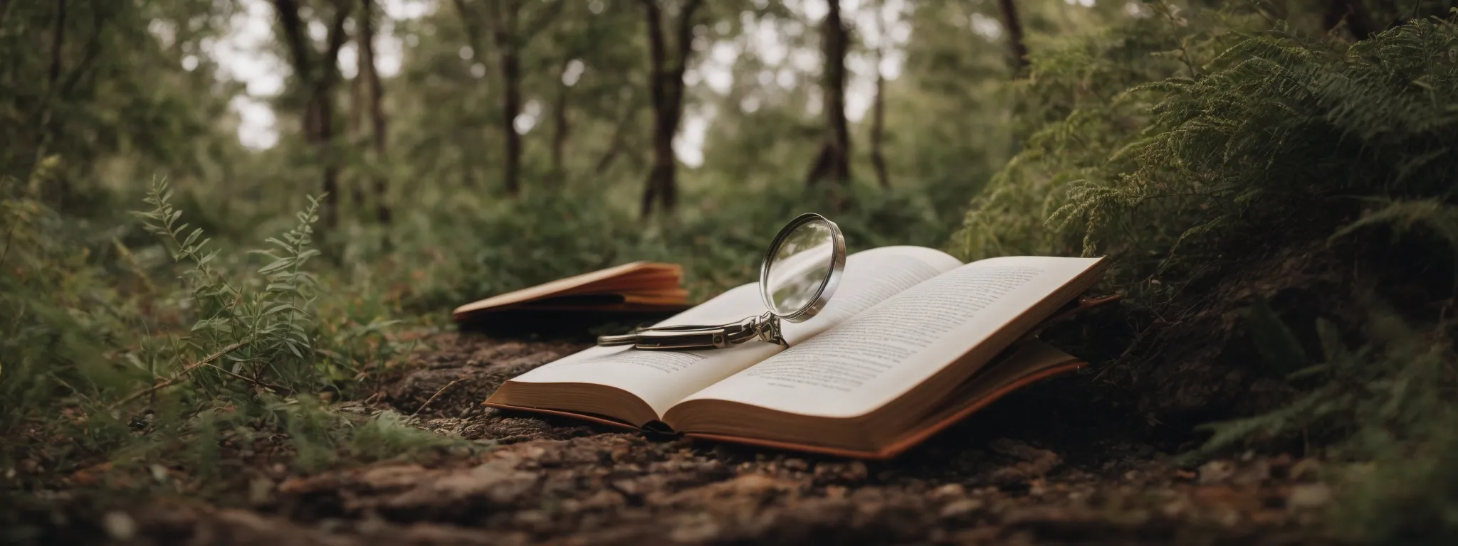 a open book surrounded by natural elements, with a magnifying glass nearby, symbolizing diligent research and content optimization.