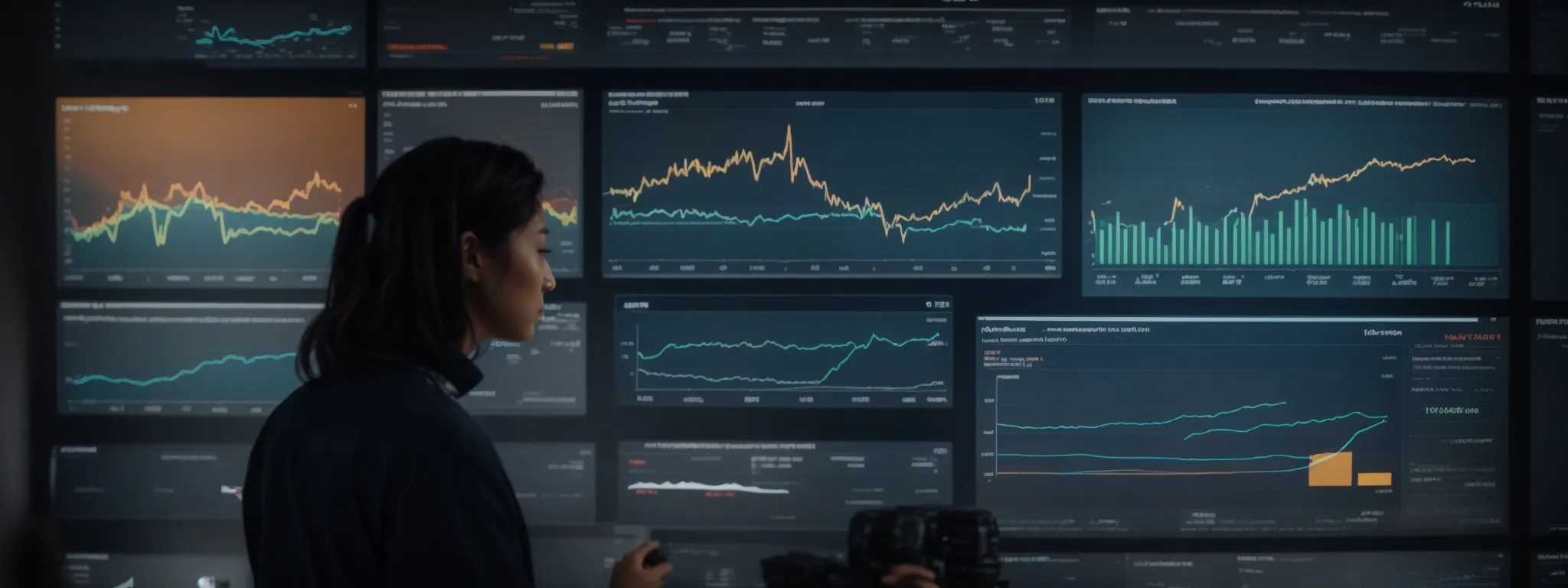 a marketer clicks on a digital analytics dashboard showing various performance metrics of online advertising campaigns.