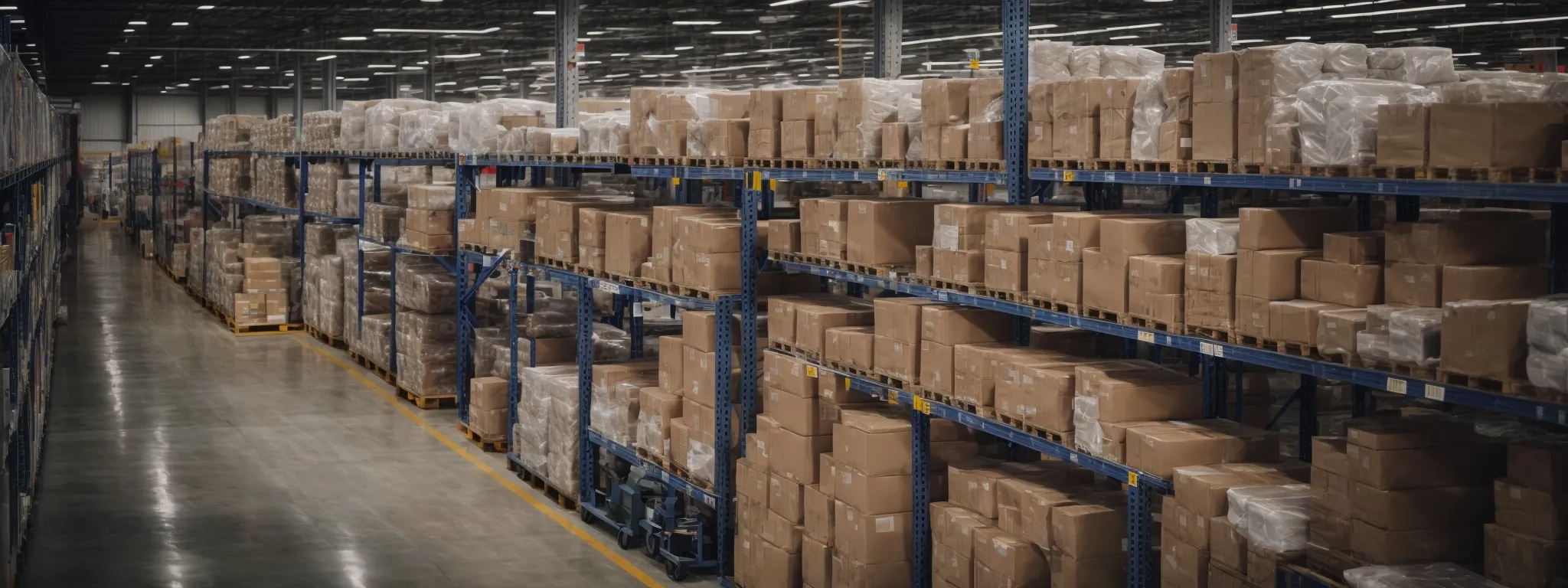 a bustling ecommerce warehouse with rows of packaged products ready for dispatch.