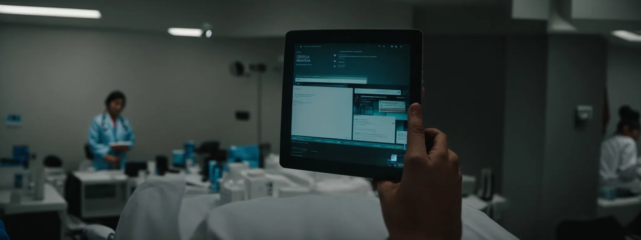 a doctor presenting a medical webinar using a tablet in a hospital seminar room.