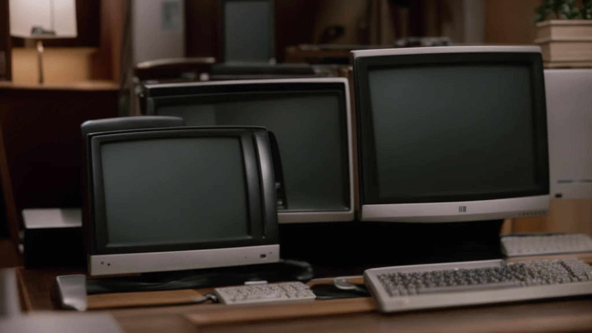 two vintage computer monitors side by side display the homepage of ask jeeves and lycos, with a magnifying glass resting on a keyboard in the foreground.