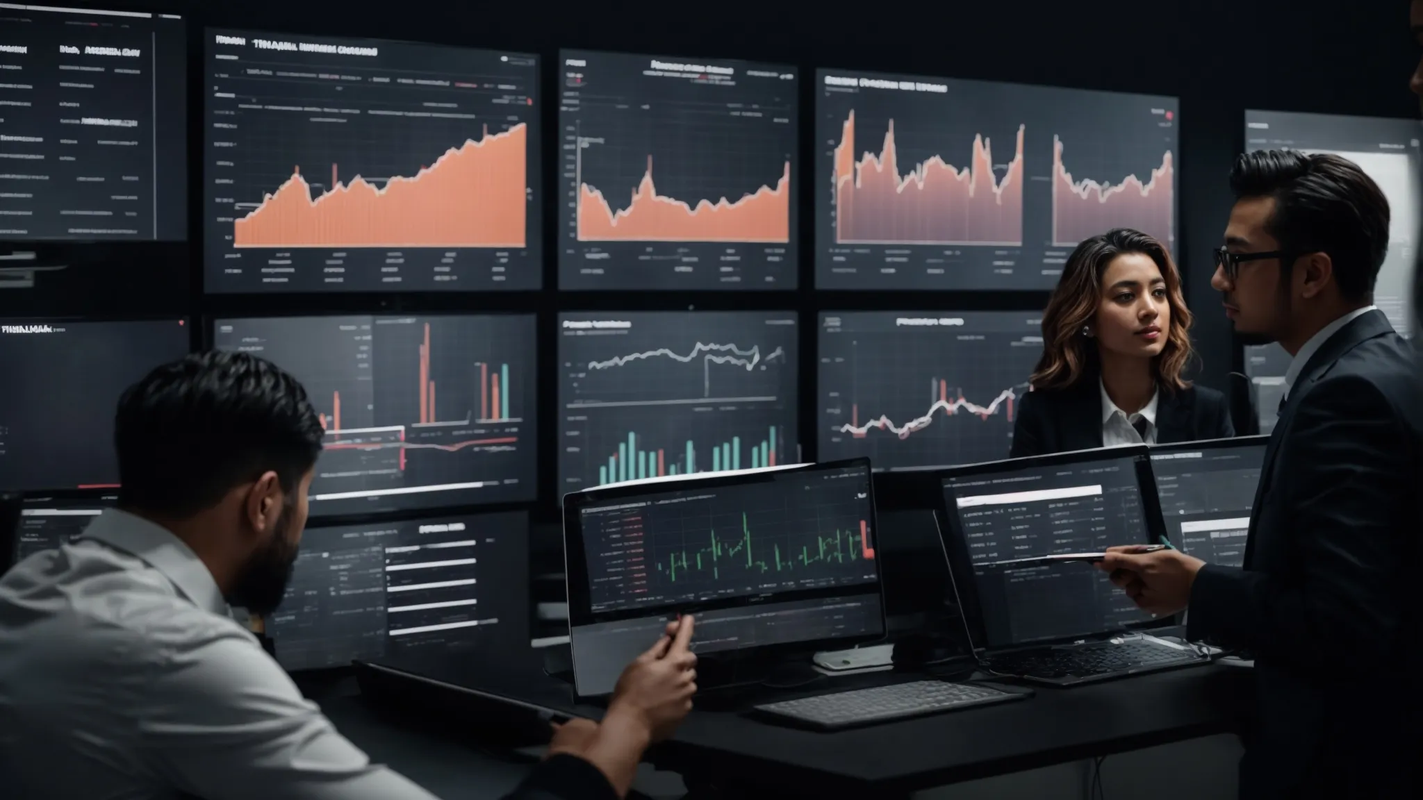 a team of marketing professionals analyzes graphs and charts on a large screen, discussing strategies to optimize advertising spend.