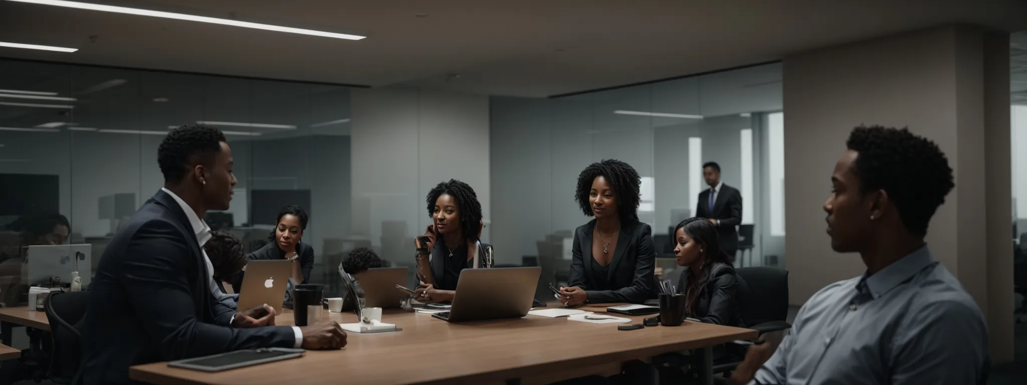 a modern office with a diverse group of individuals actively engaged around a conference table with laptops and digital devices.