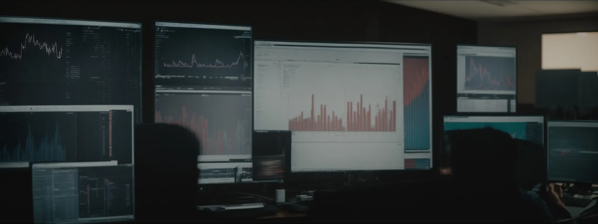 a person analyzing data charts on a computer screen in a modern office setup.