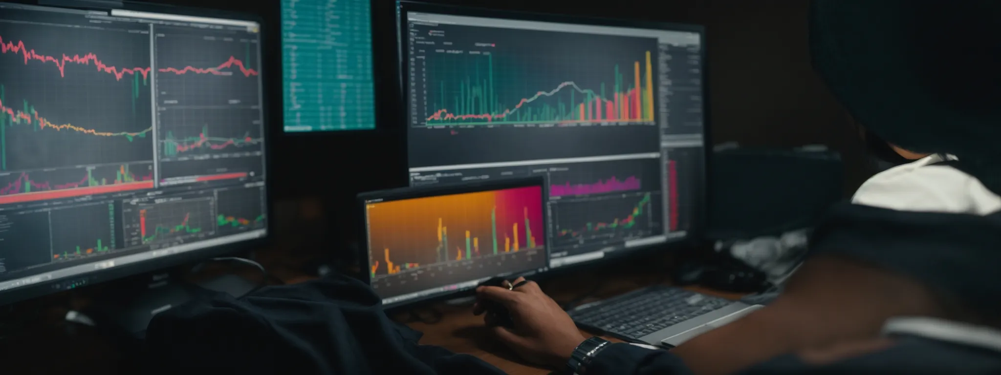 a person intently studies analytics on a computer screen displaying colorful graphs and charts.