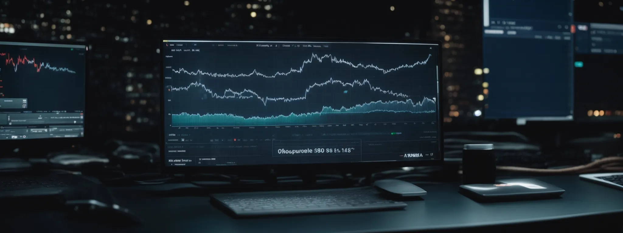 a computer screen displaying rising traffic analytics graphs with social media icons in the background.