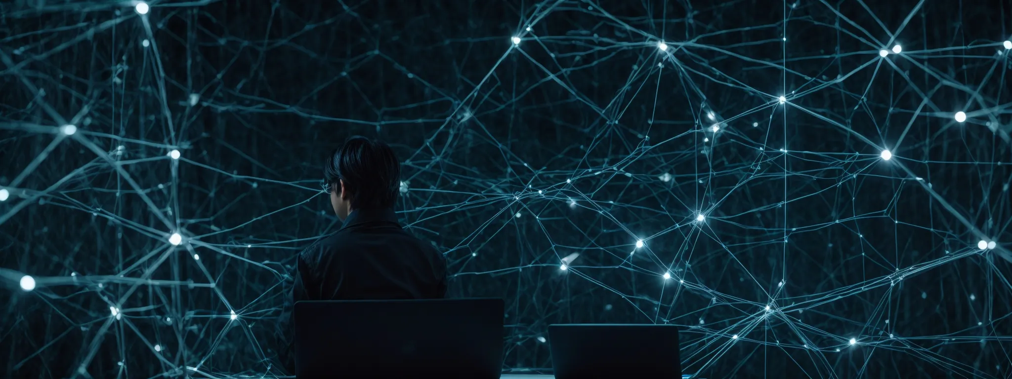 a person typing on a laptop surrounded by interconnected nodes representing a network of hyperlinks.