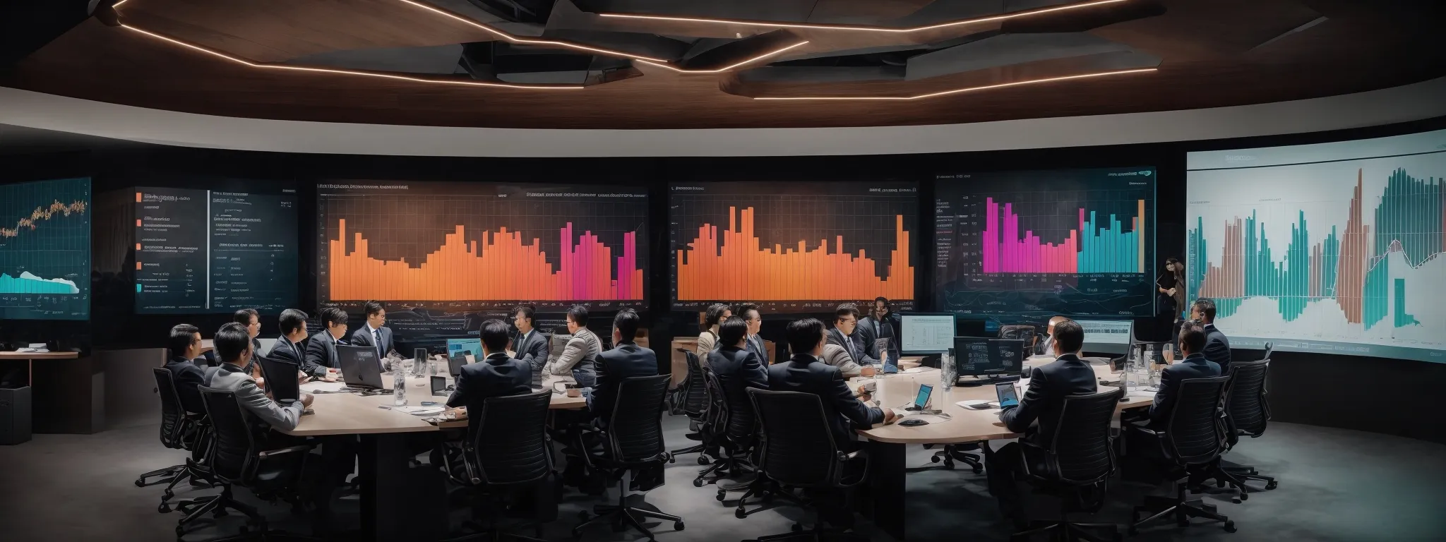 a conference room with a large screen displaying colorful graphs and analytics, with marketing professionals engaged in a strategy planning session.