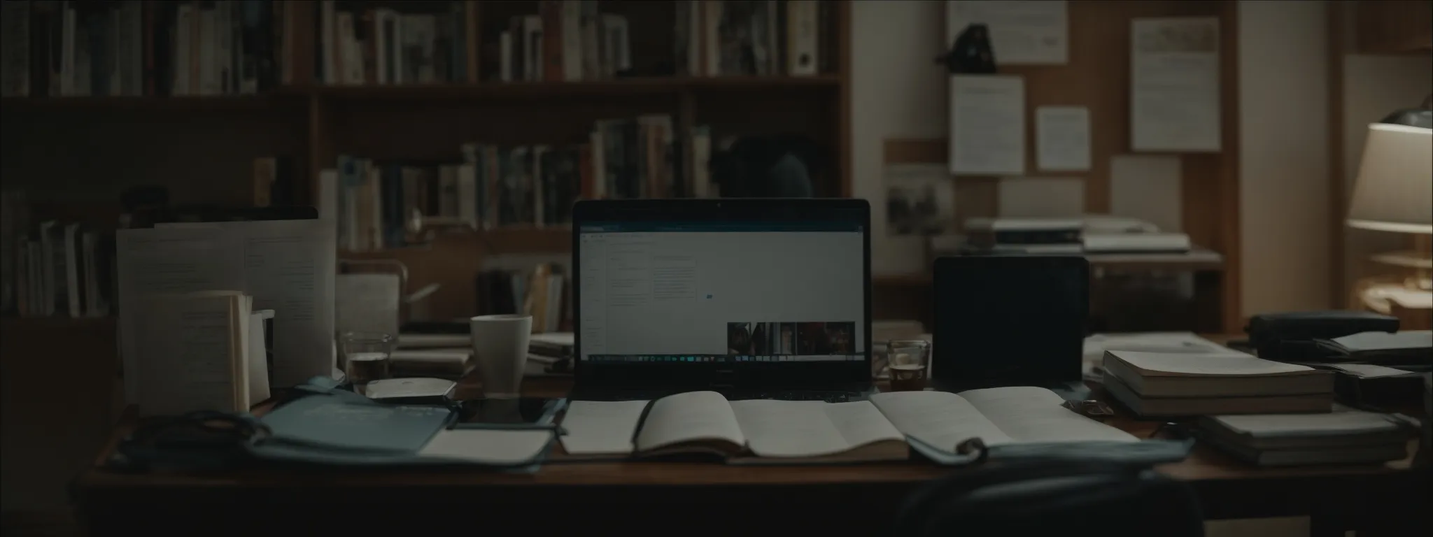 a person sitting at a desk with an open laptop, intently studying content on the screen against a backdrop of books and notes.
