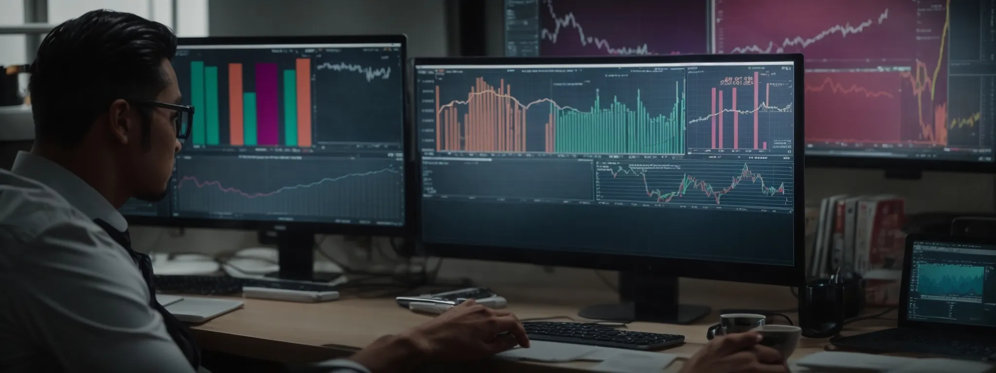 a person sitting at a desk, eyes fixed on a computer screen displaying colorful seo analytics graphs.
