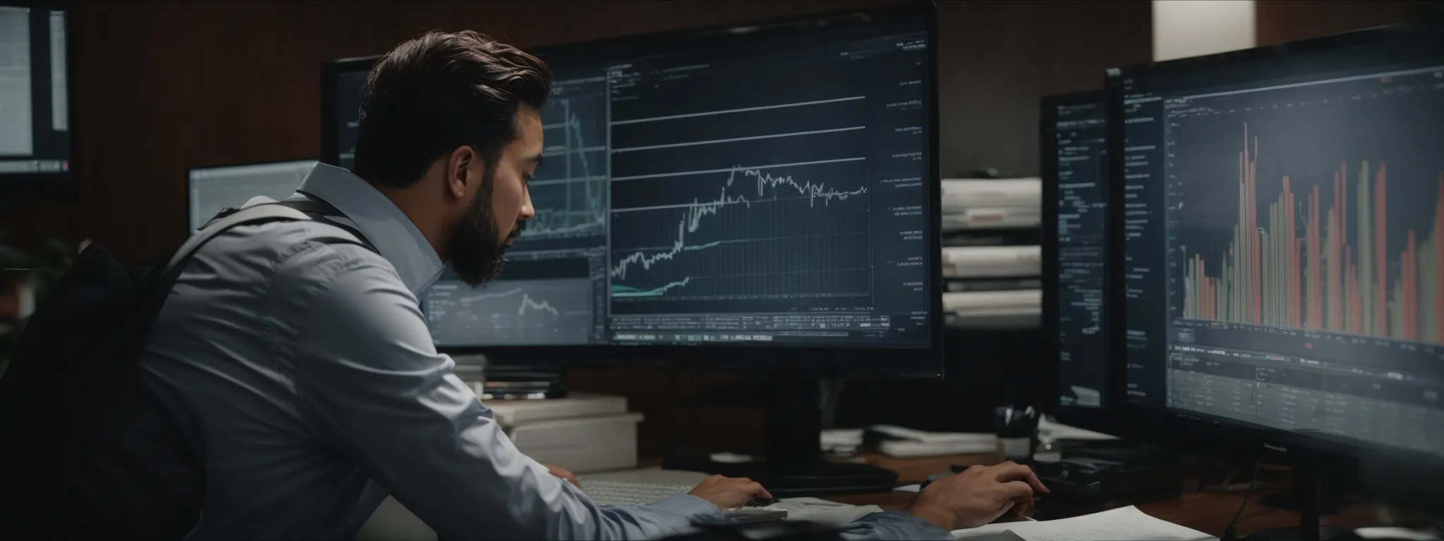 a focused individual scrutinizing charts and graphs on a computer screen in a modern office setting.