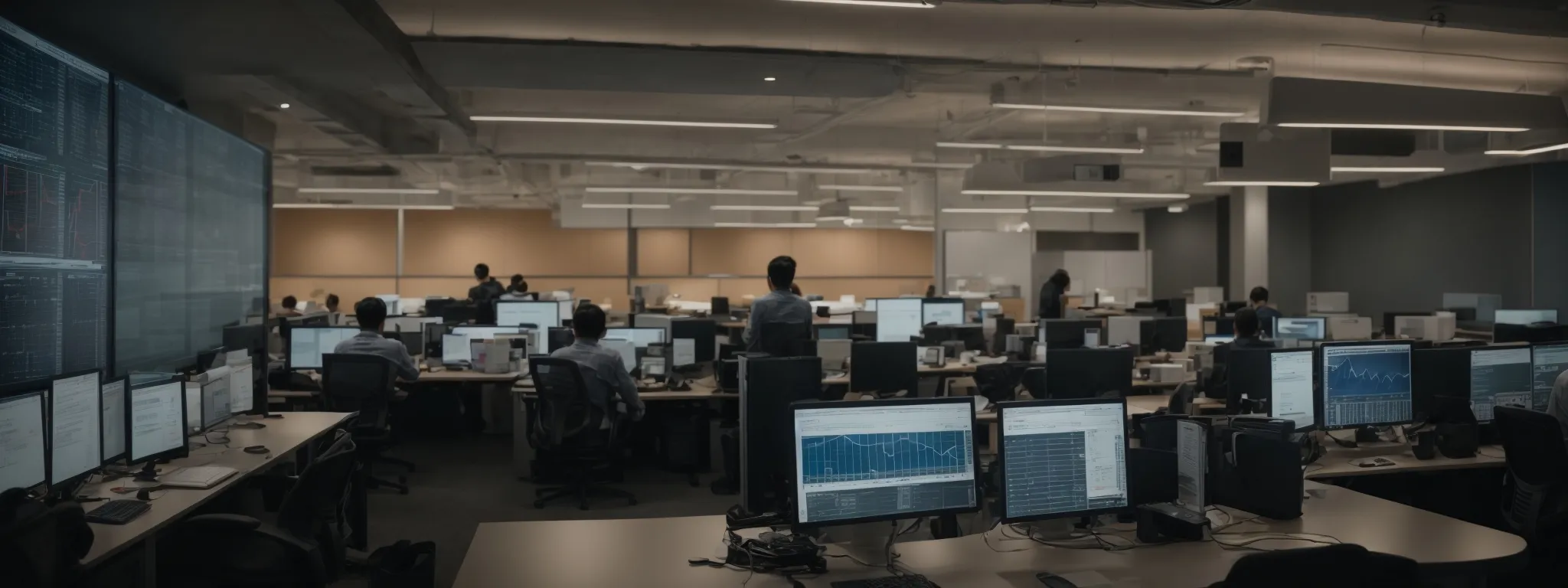 a wide office space where digital marketing professionals are intently monitoring large analytics dashboards that reflect website performance data for various franchise locations.