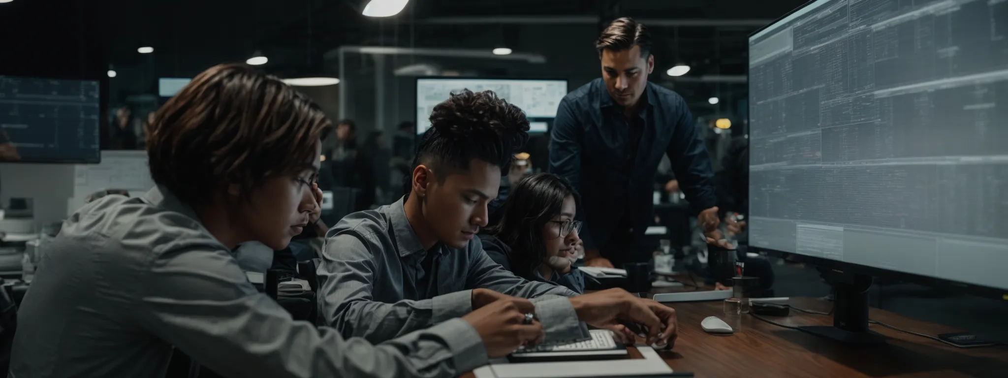 a team of marketers scrutinizes graphs on a large monitor, strategizing their next digital campaign move.
