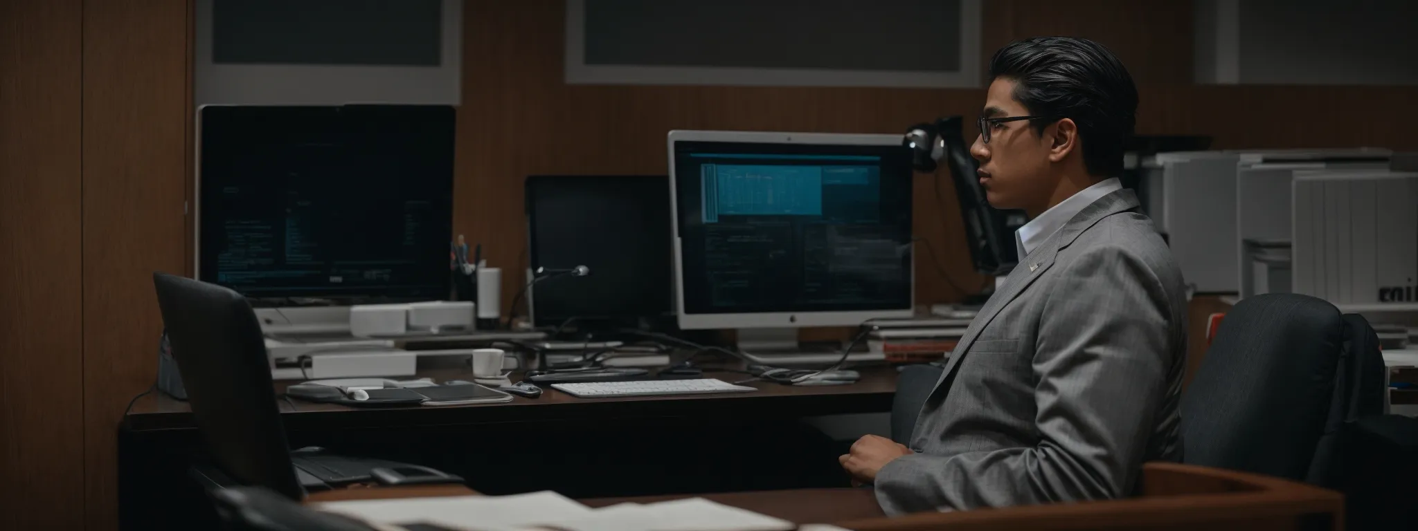 A man in a suit sits at a desk with multiple computer monitors displaying long-tail keywords and code, surrounded by office supplies in a dimly lit office.