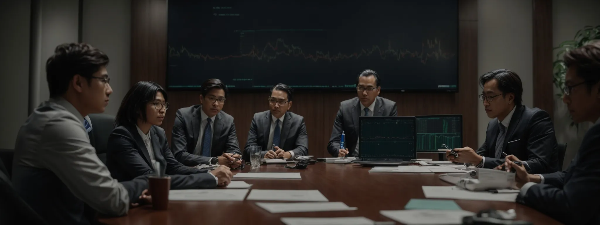 a group of professionals gathered around a conference table, intently analyzing graphs and charts on large monitors.