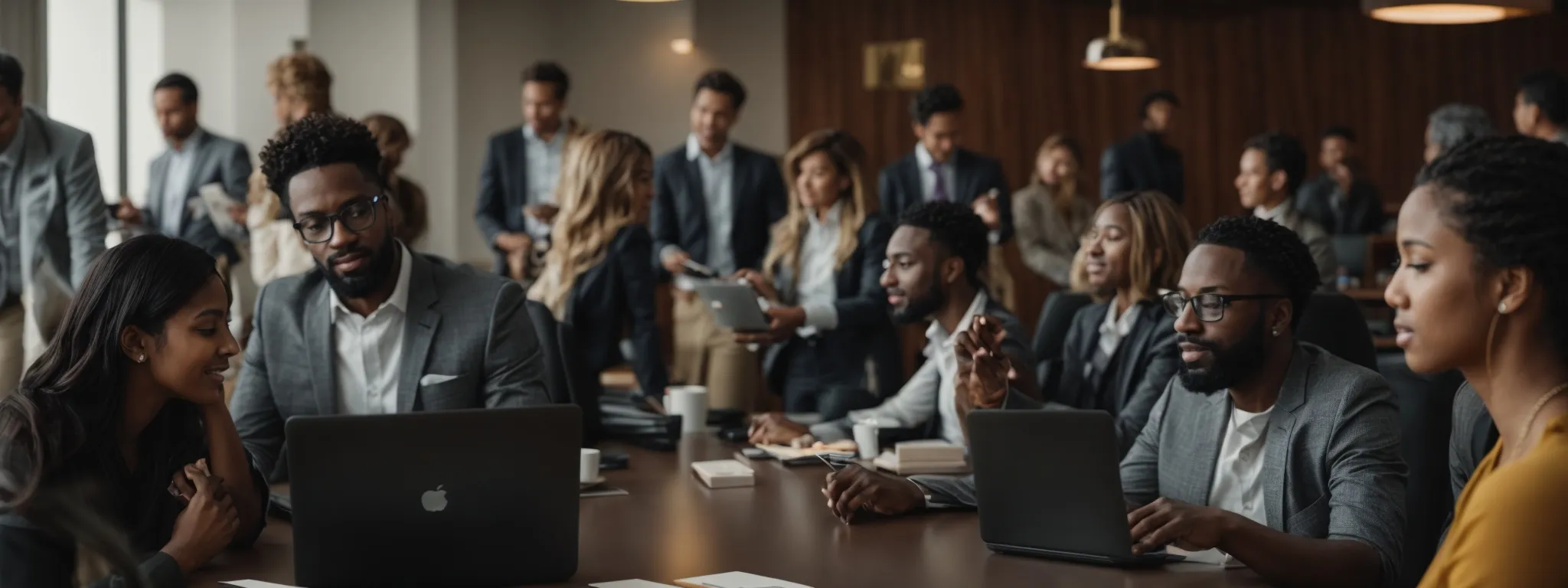a group of people engaged in a lively discussion around a conference table equipped with laptops and digital devices.