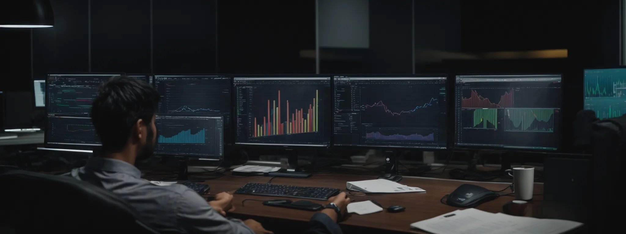 a person sitting at a desk with multiple computer screens displaying graphs and data analytics.