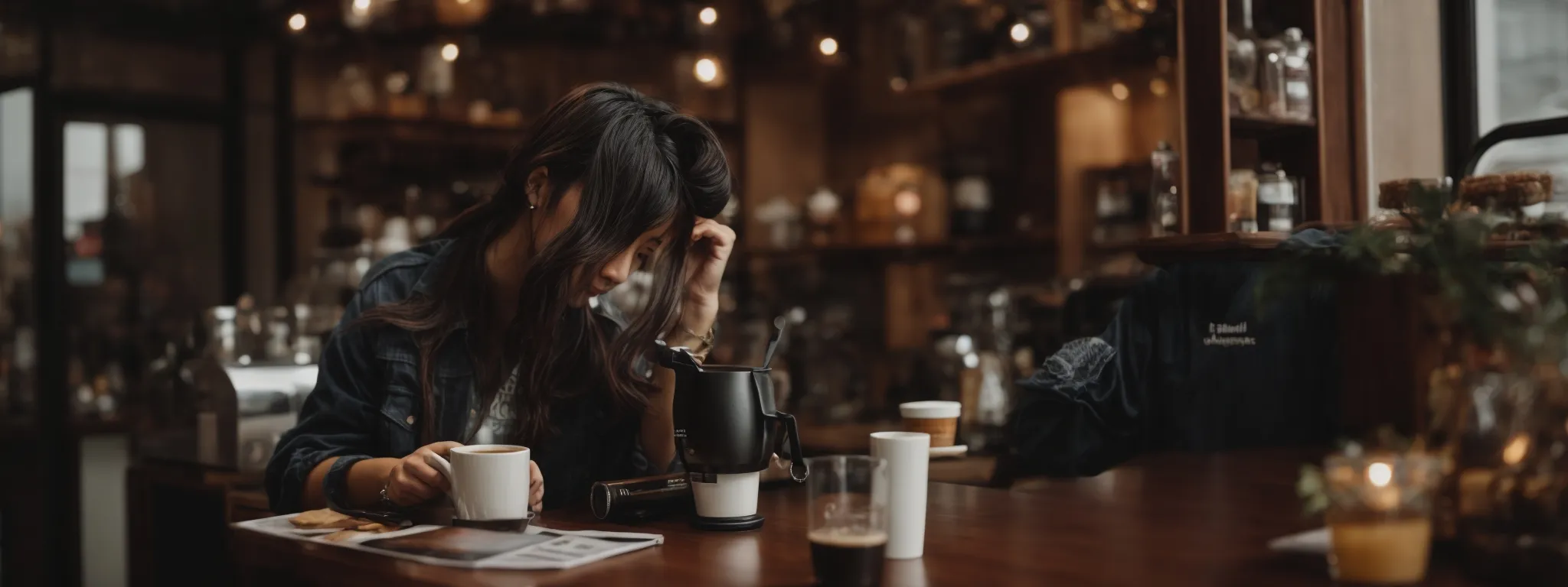 a small business owner posts product photos on a social media app from a cozy coffee shop. 
