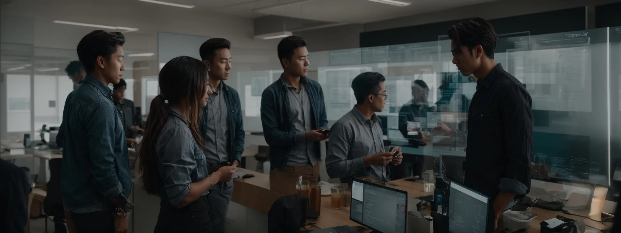 a bustling tech startup office with individuals huddled around a transparent touchscreen display, strategizing. 