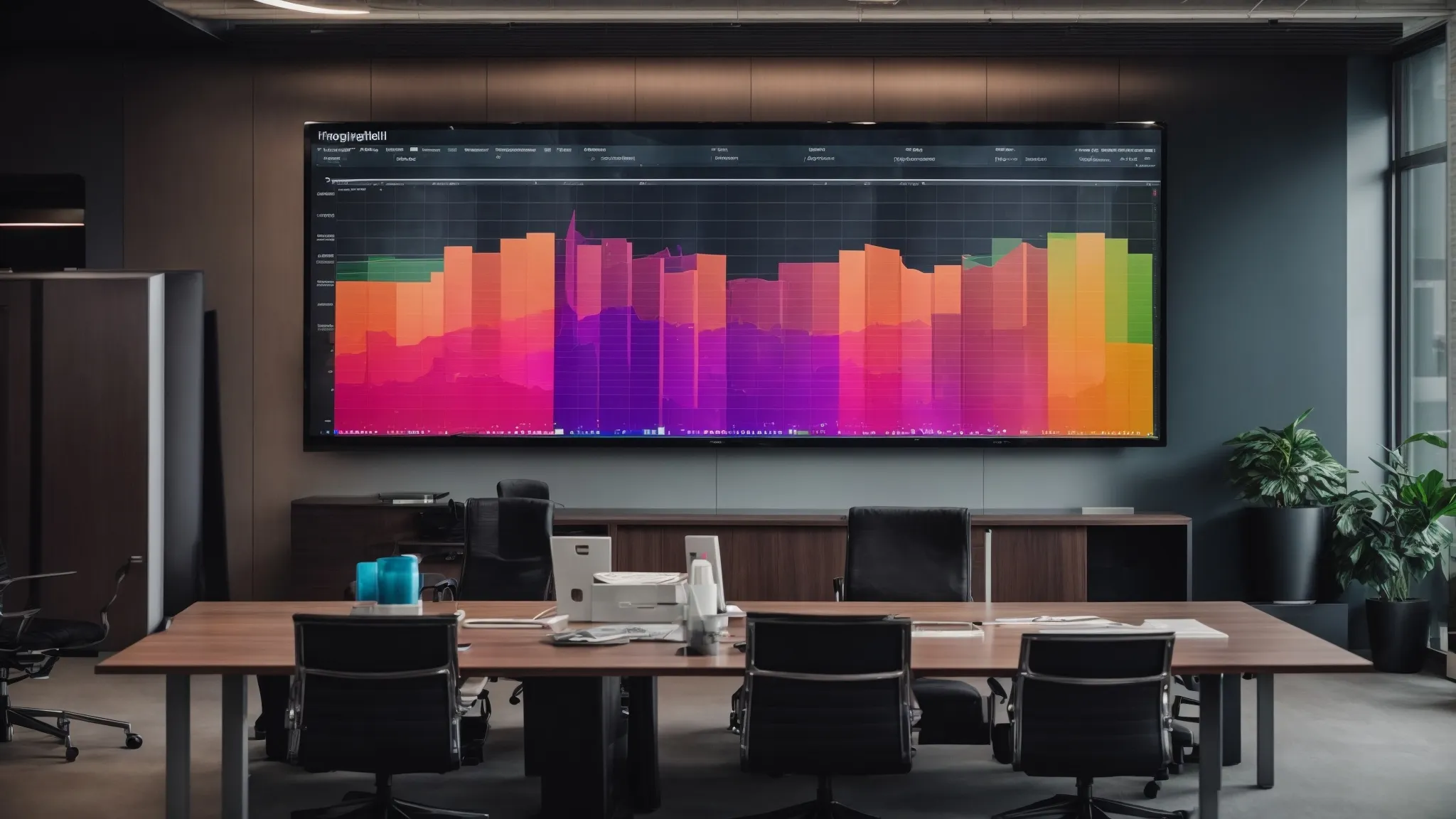 a modern office meeting room with a large monitor displaying colorful graphs and marketing metrics next to the words "LinkGraph faqs."