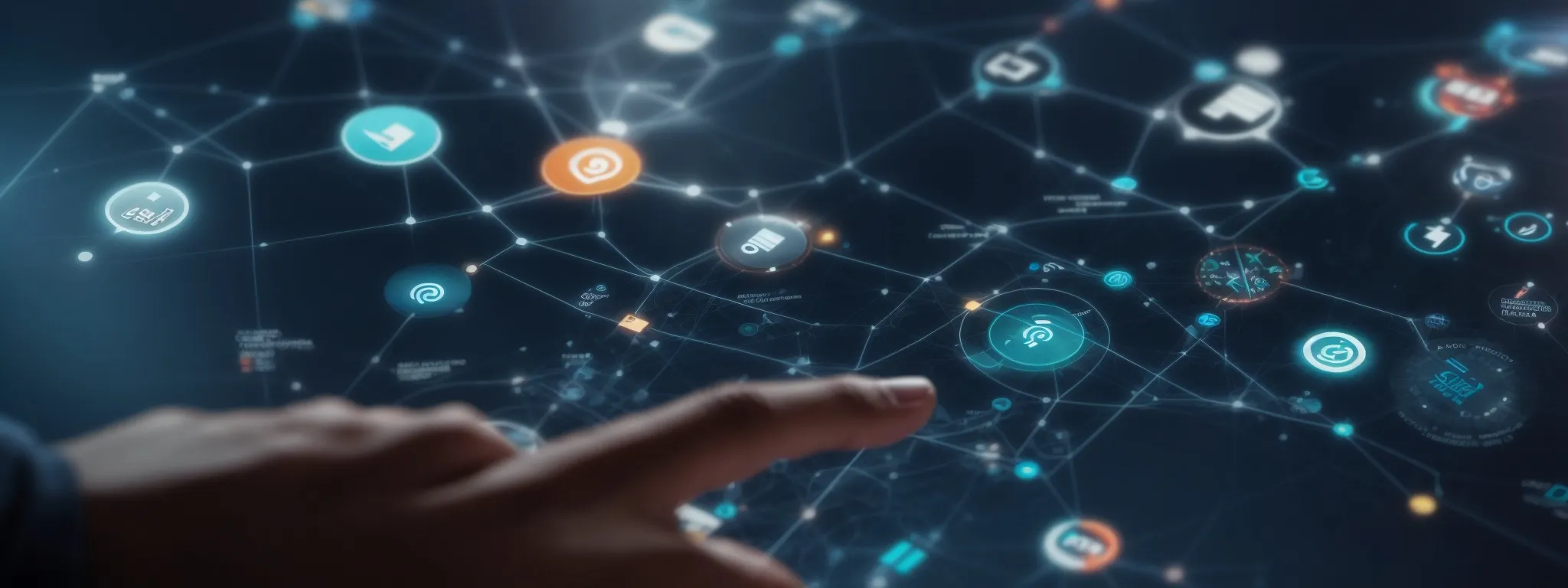 a person clicking on a digital touchscreen with marketing icons and graphs floating above their finger, encapsulating the high-tech nature of digital marketing strategies.
