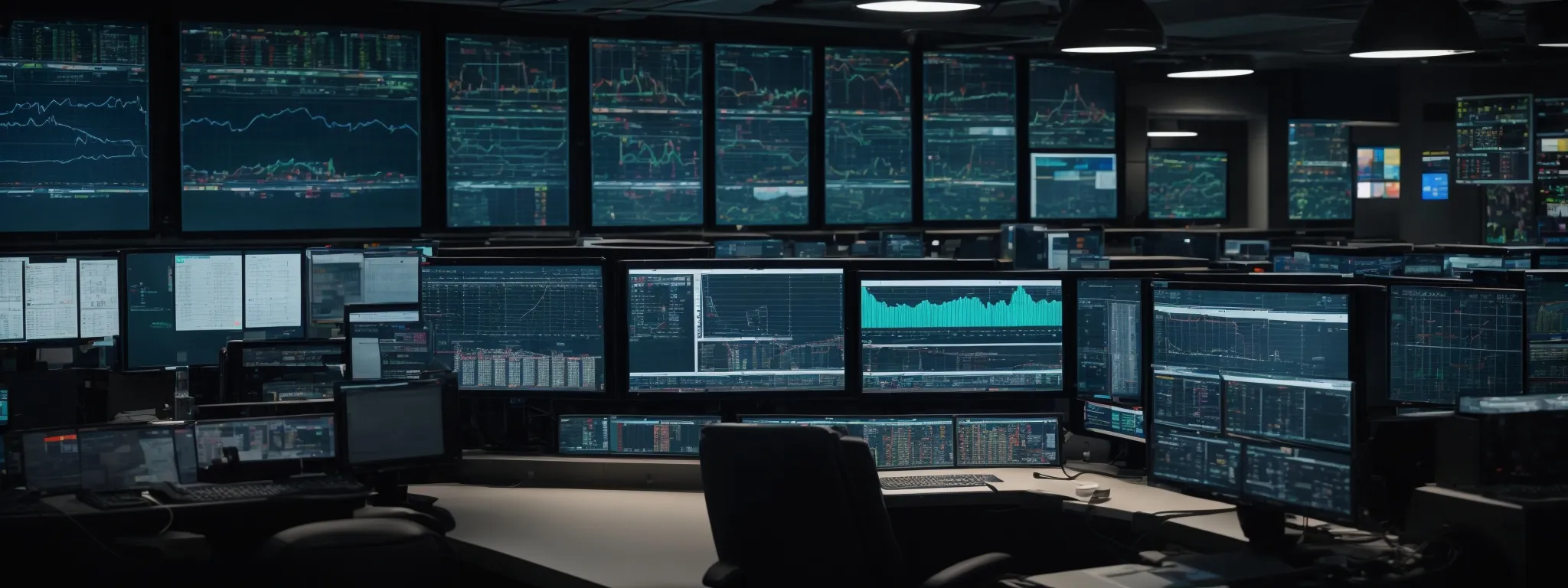 a modern control room with multiple screens displaying data graphs and analytics in an oil and gas facility.