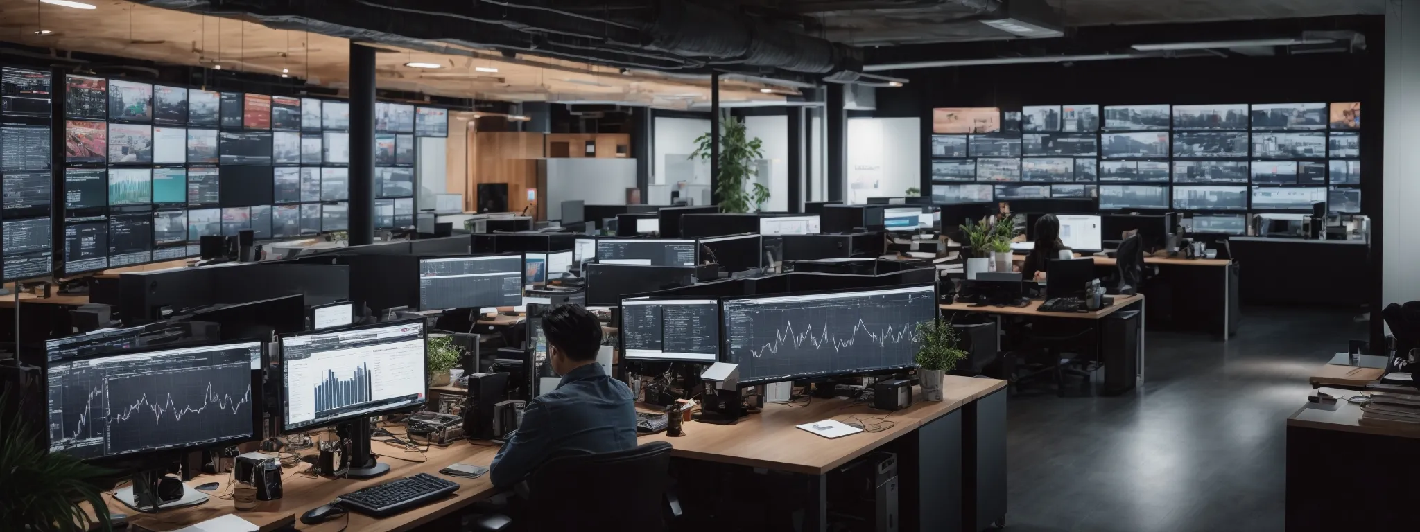 a bustling social media agency office with multiple screens displaying graphs and analytics, illustrating the complex costs of marketing campaigns.