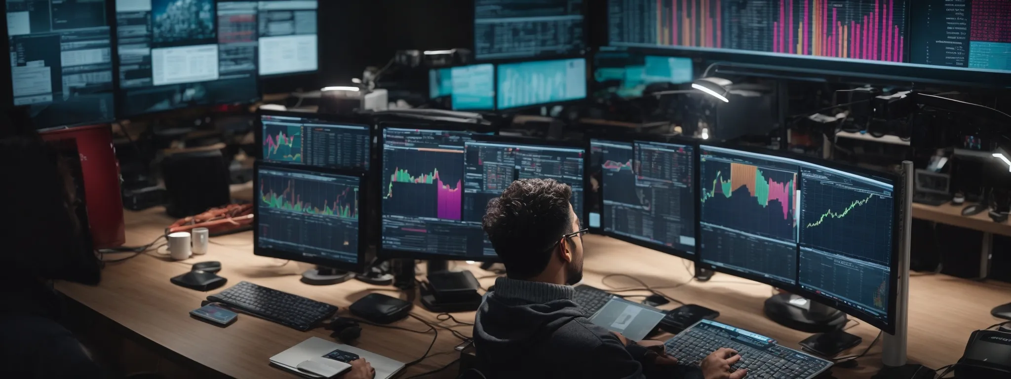 a person sitting at a desk with multiple computer screens displaying colorful analytics and seo tools.