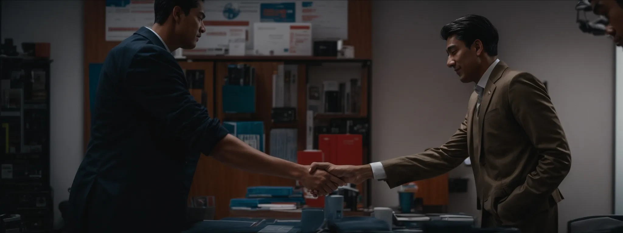 two professionals shaking hands over a table, with a graph chart in the background indicating progress.
