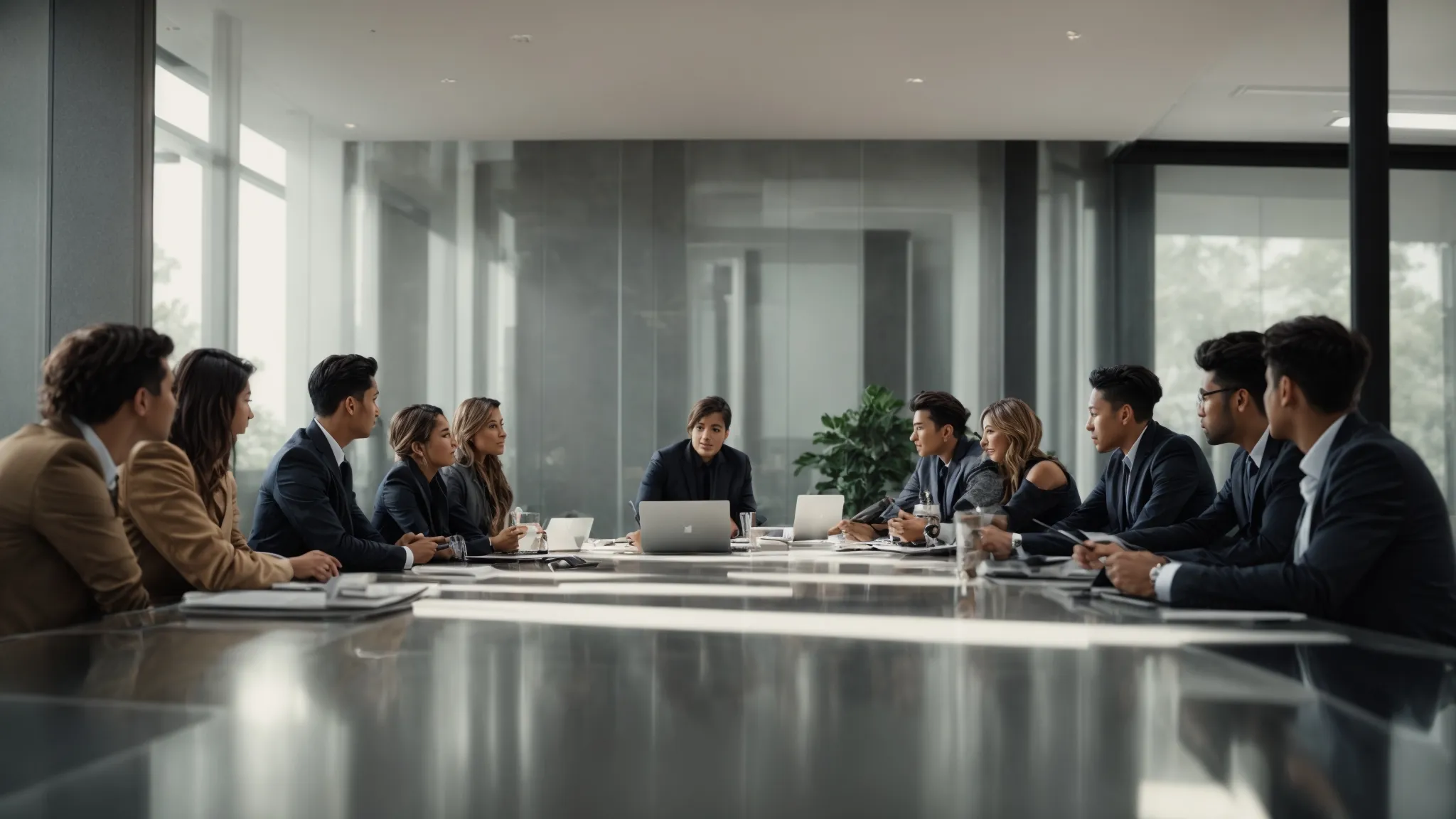 a group of professionals gathered around a conference table with laptops open, discussing digital marketing strategies.