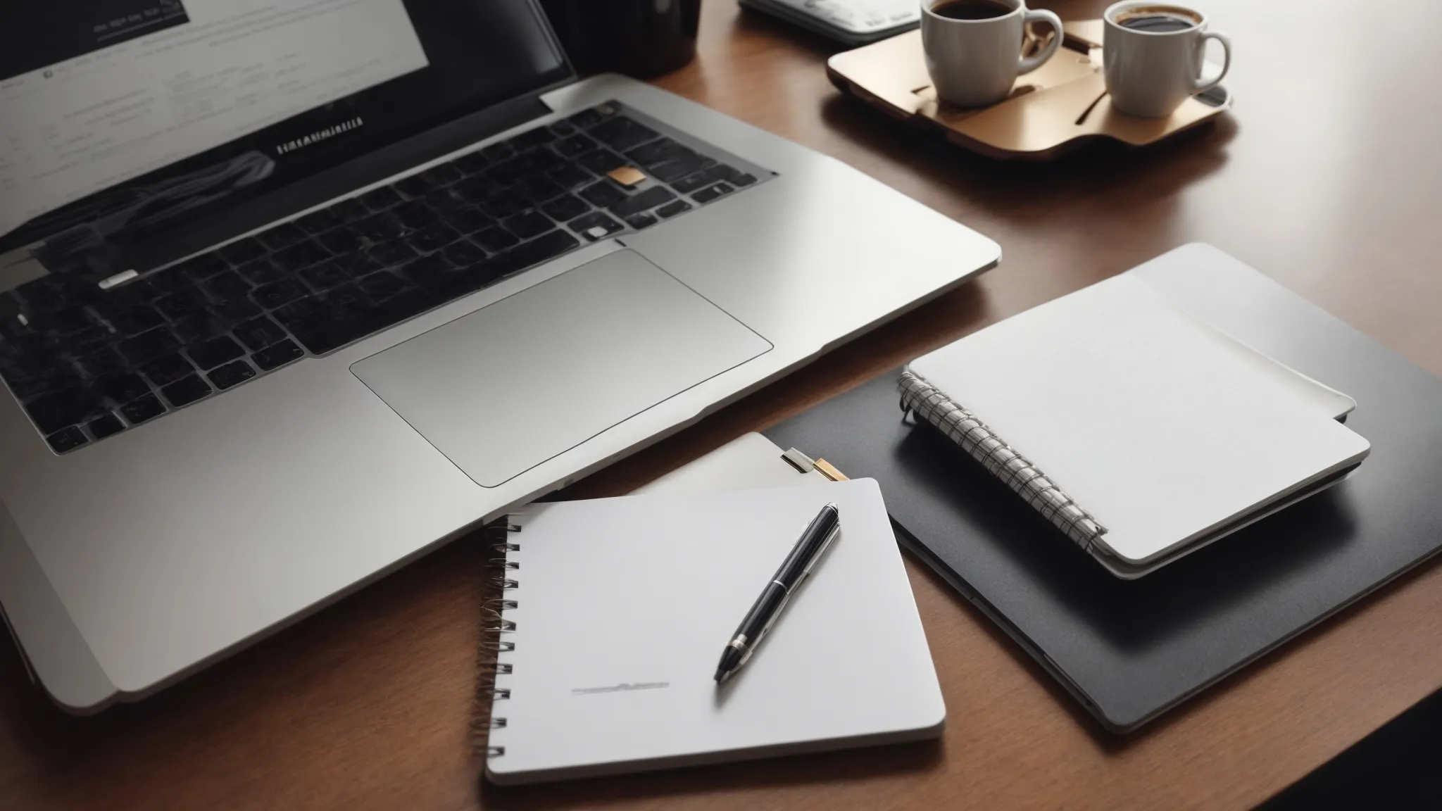 a neat office desk with a laptop open to a presentation slide, a notepad with bullet points, and a cup of coffee beside it.