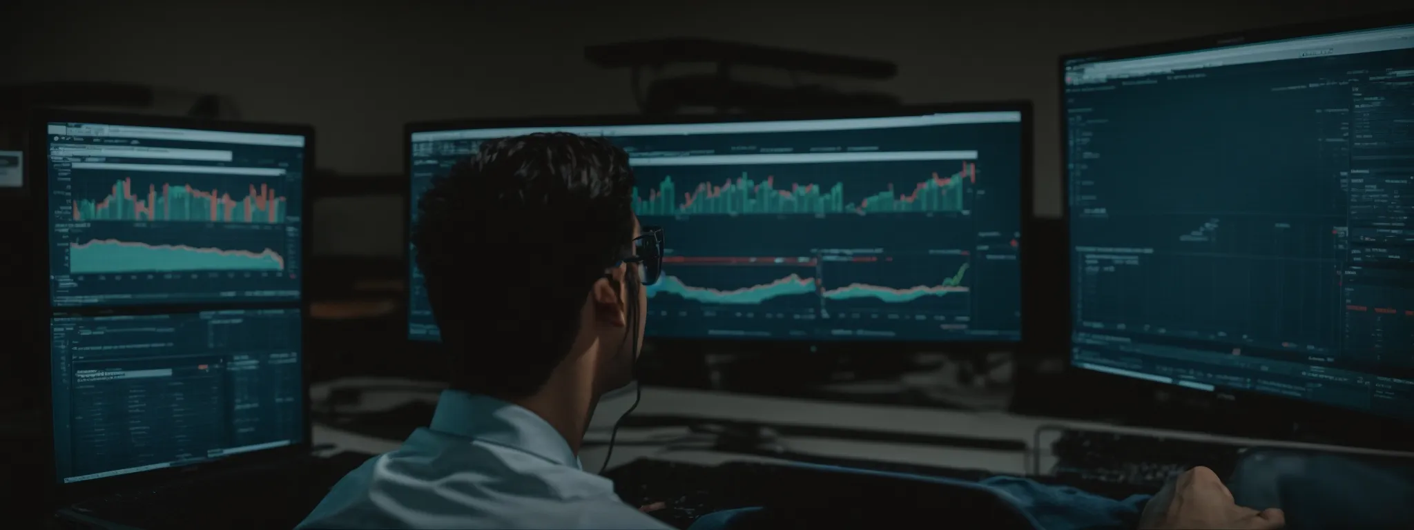 a webmaster intently reviews analytics on a computer screen displaying a website's performance metrics.