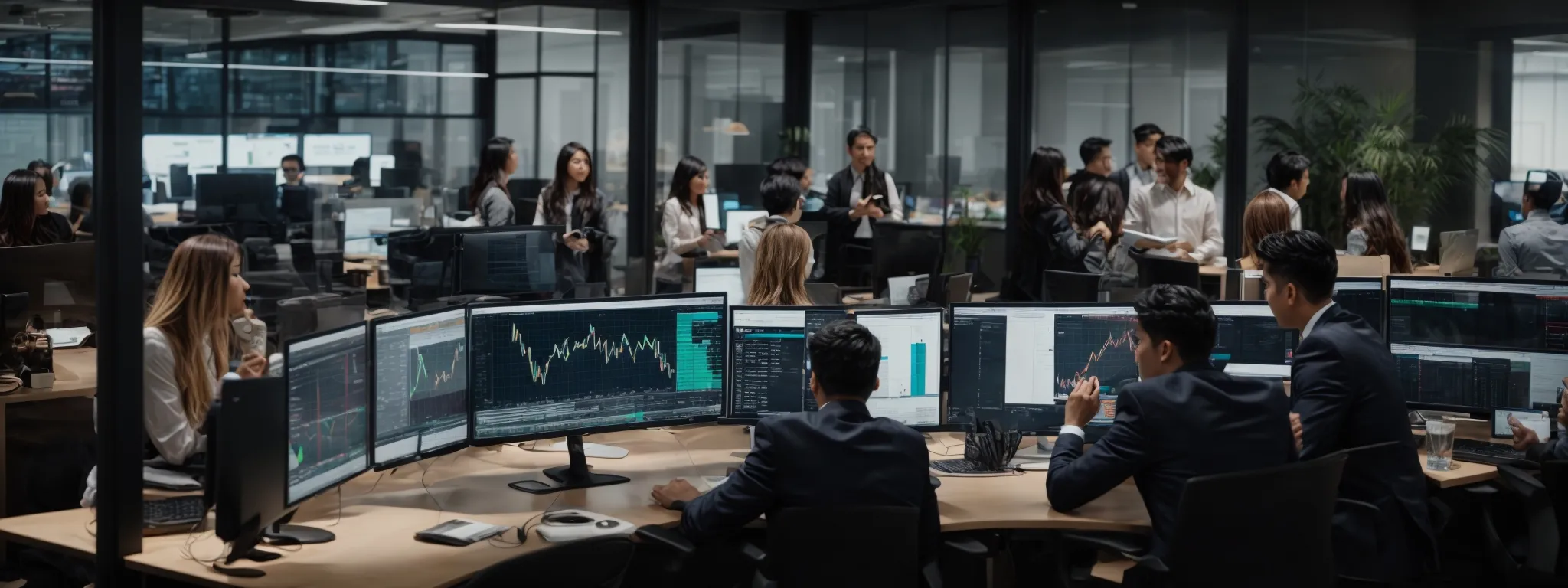 a bustling digital marketing office with an engaged team strategizing over a large screen displaying colorful analytics and graphs.
