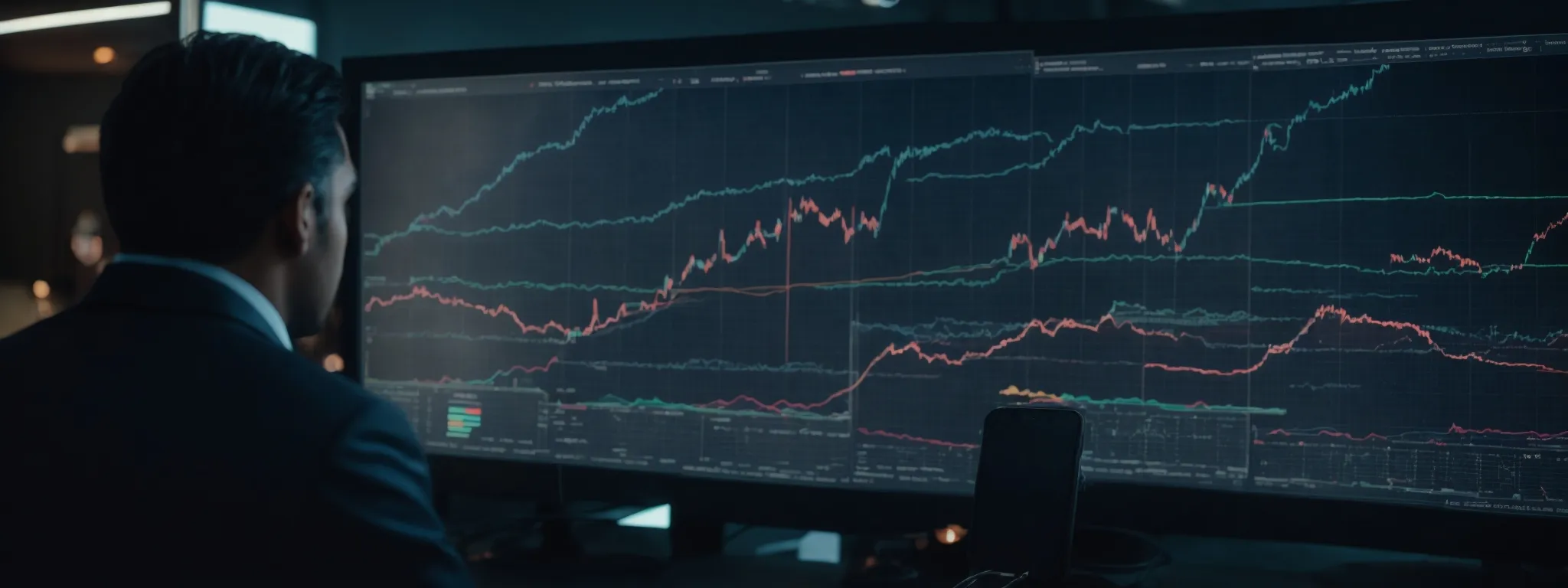 Man in suit analyzing multiple financial charts on large trading monitors