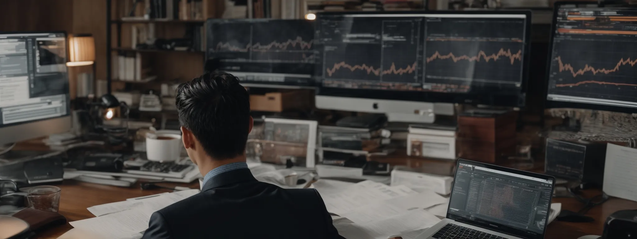 a person sits at a desk with a computer, surrounded by books on digital marketing and seo, intently analyzing graphs and charts.