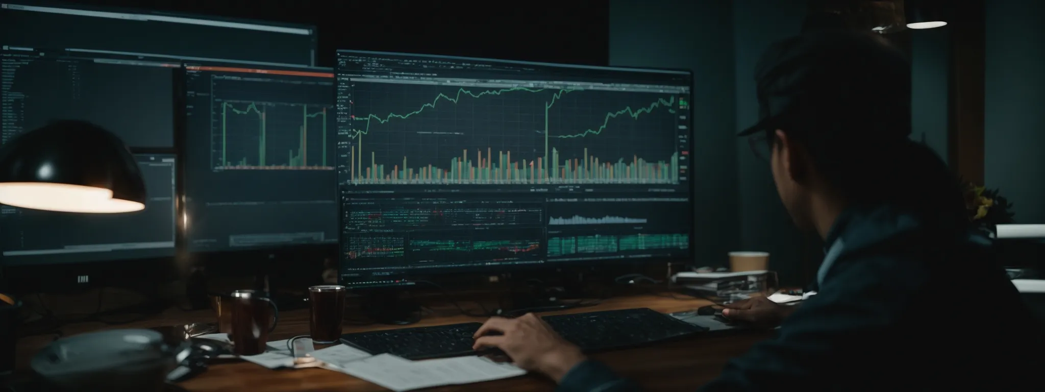 a professional analyzing graphs on a computer screen, reflecting an increase in website traffic.
